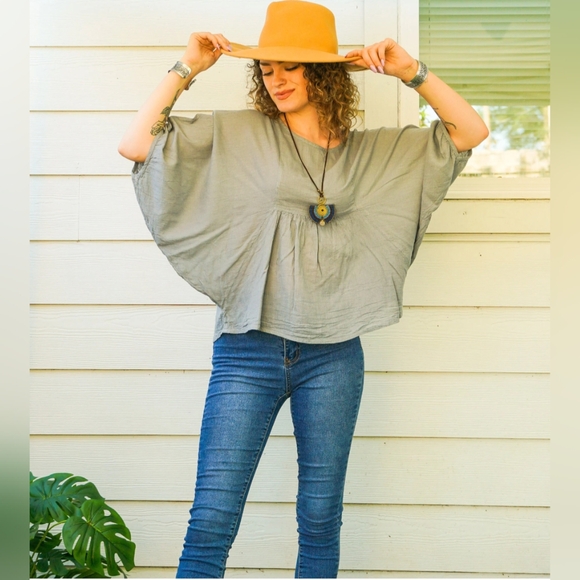 COTTON GINNY* organic cotton v neck peasant sleeve boho hippy chic tunic blouse - Picture 15 of 17